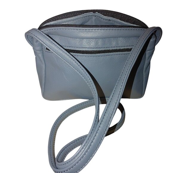 Leather Crossbody Small Blue Bag  Adjustable Strap Multiple Zippered Pockets - Picture 3 of 12